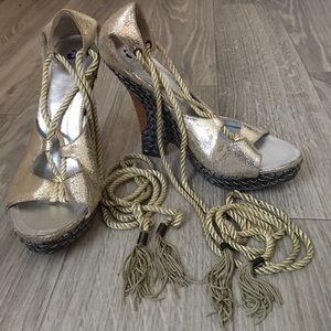 METALLIC LACE UP WEDGE LIKE HEEL- WORN TWICE